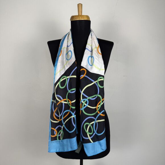 Vintage Long 100% Silk Geometric, Abstract Scarf | Aqua, Black & Ivory - Picture 10 of 10